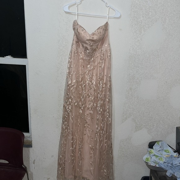 Lulus Strapless Dress Women's Large Blush Pink Floral Satin Formal Embroidered - Picture 1 of 10